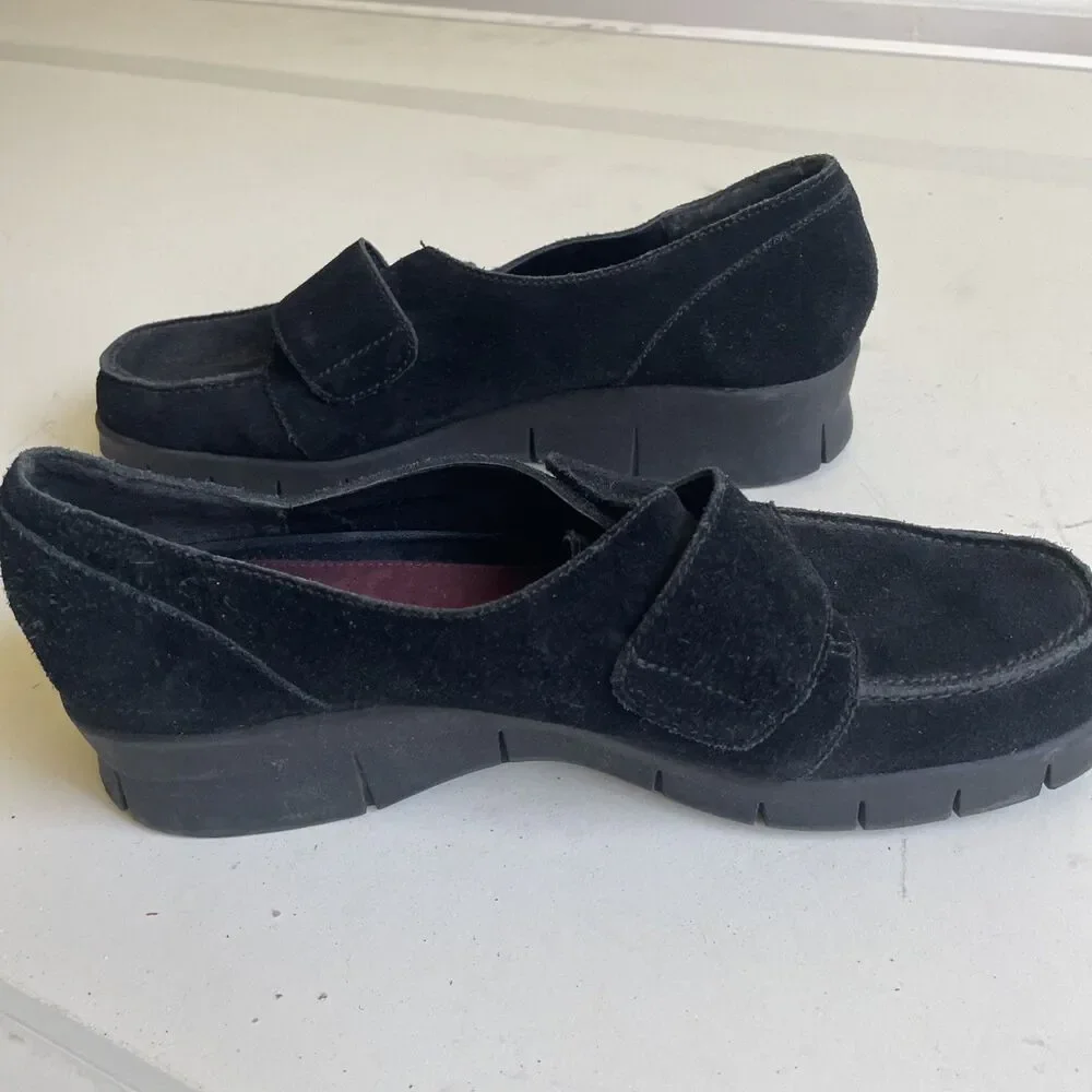 Aerosoles Black Suede Leather Chunky Loafers 8 Womens Cargo Slip Ons Hook & Loop